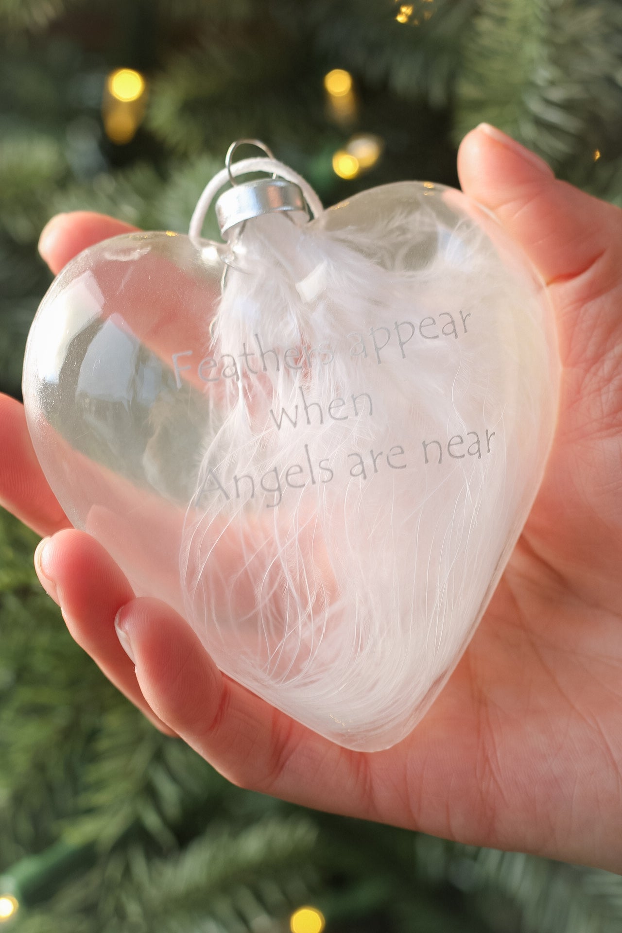 Feathers When Angels Are Near Glass Heart Bauble
