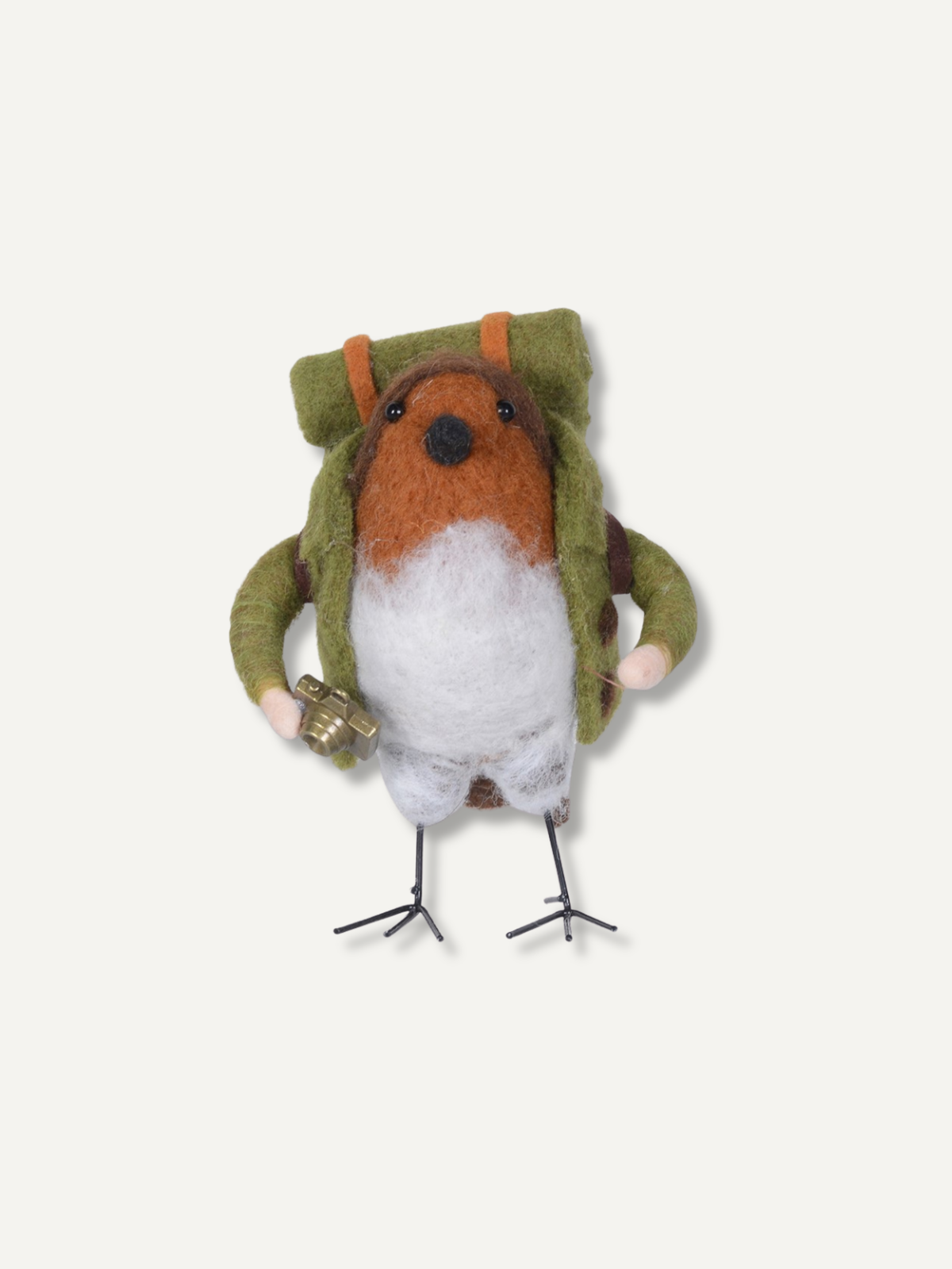 A small felted wool bird character plush toy wearing an olive green backpack, standing against a plain off-white background.