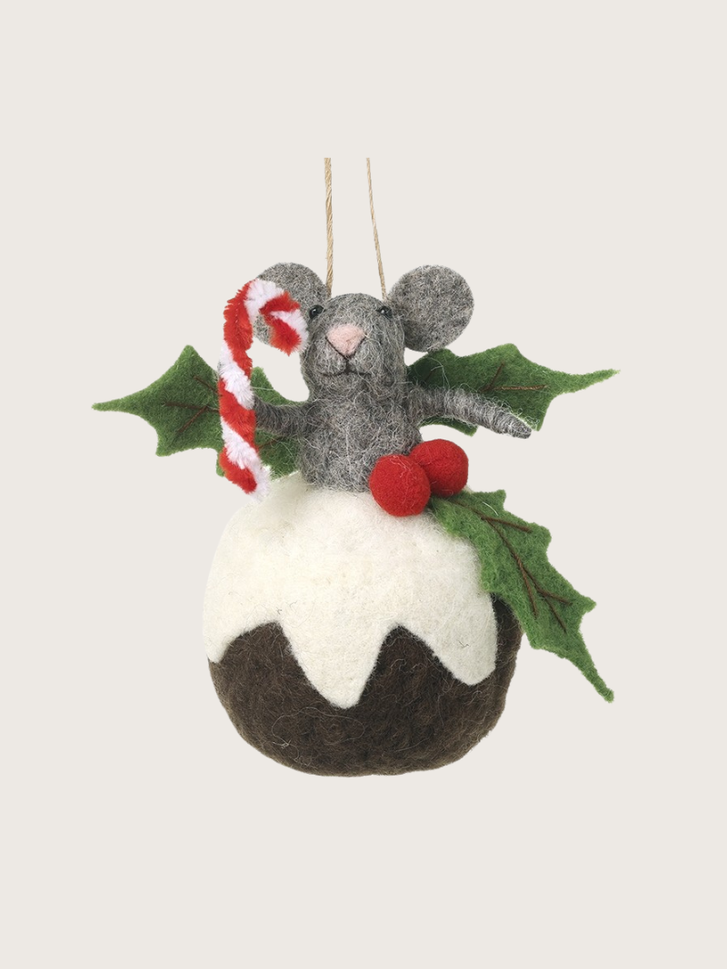 Felted Christmas ornament of a mouse on a pudding with holly leaves and candy cane.
