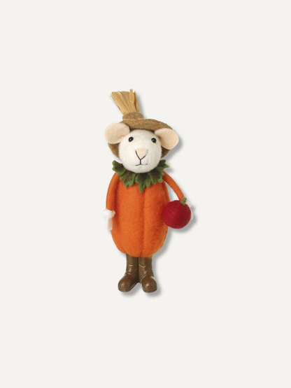 A felt mouse decoration dressed as a pumpkin, featuring an orange body, green leaf collar, brown hat with straw details, and holding a red apple, set against a plain light gray background.