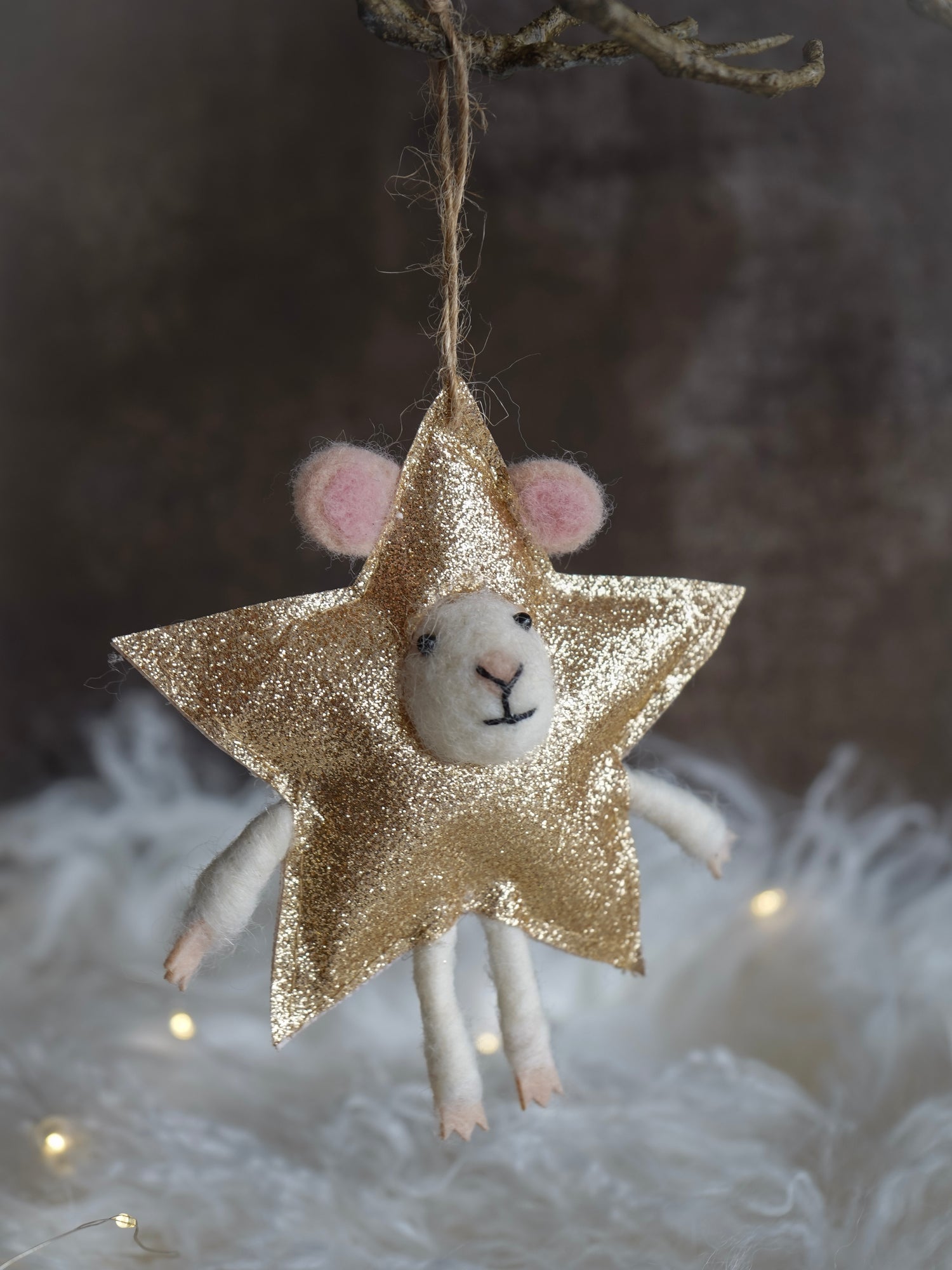 Decorative star-shaped ornament with a small animal face on a textured background