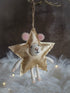Decorative star-shaped ornament with a small animal face on a textured background