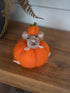 A felted wool decorative mouse sitting on top of a small orange pumpkin, placed on a wooden surface.