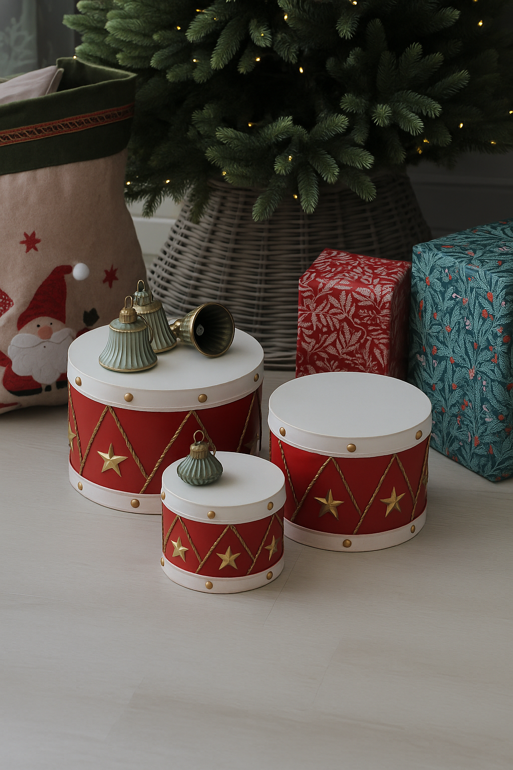 Decorative drums with gold stars on a surface with Christmas decorations in the background.