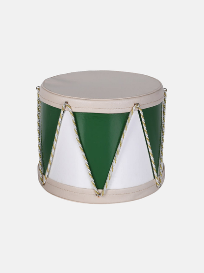 Decorative drum with green and white design on a light gray background