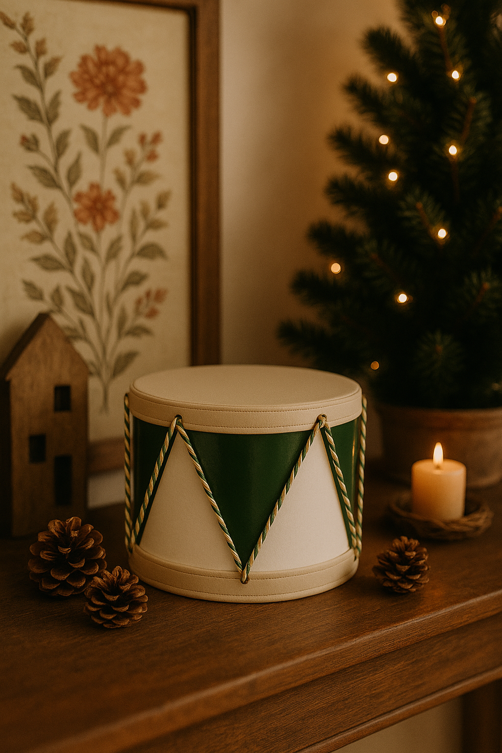 Decorative drum with green accents on a wooden surface next to a Christmas tree and candle.