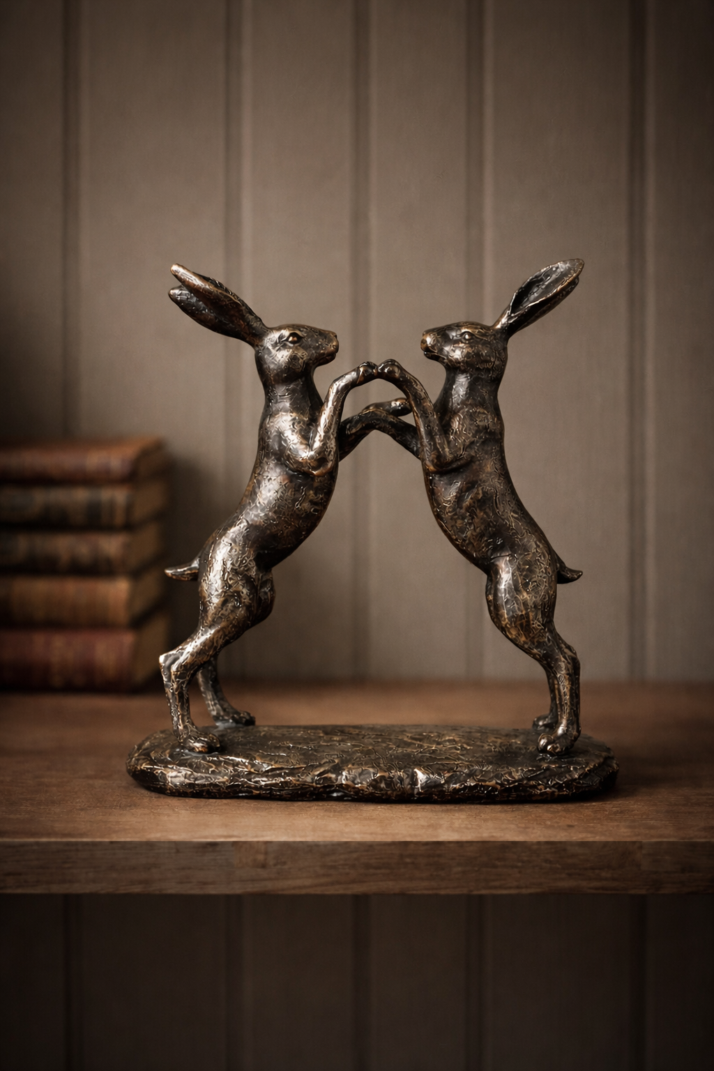 Bronze sculpture of two boxing hares on a wooden surface with a neutral background