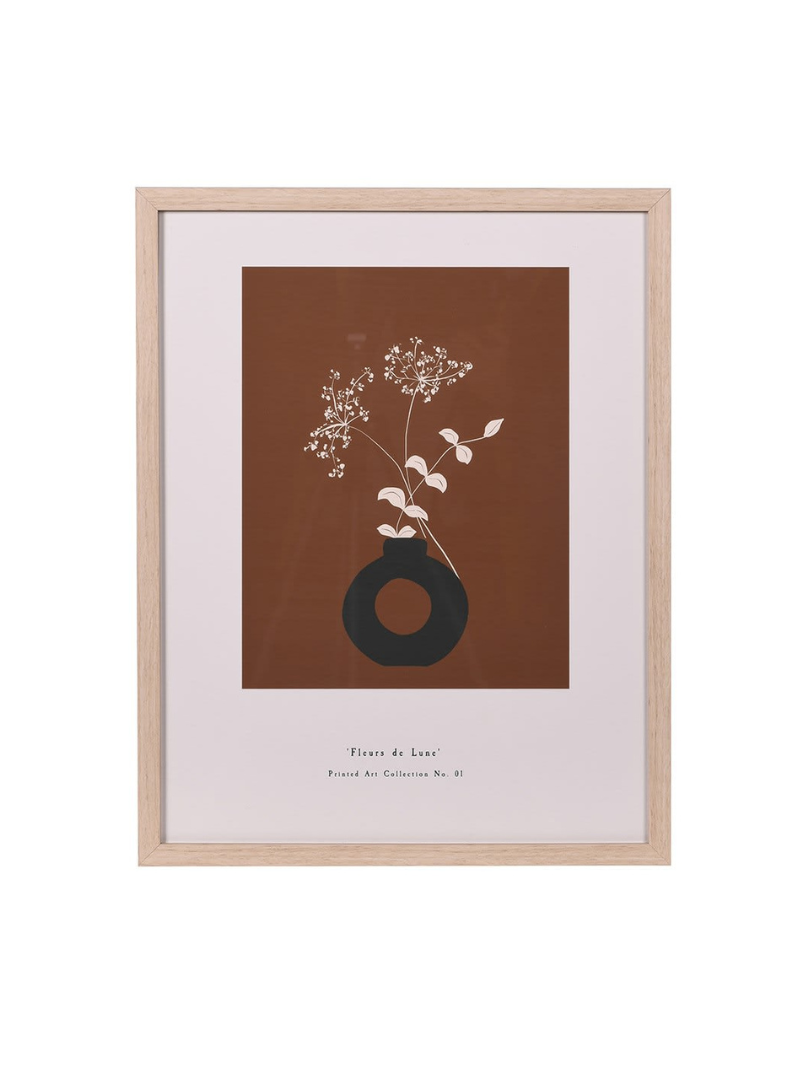 Framed artwork of a vase with flowers on a brown background
