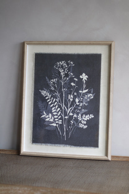 Framed botanical print on a gray wall