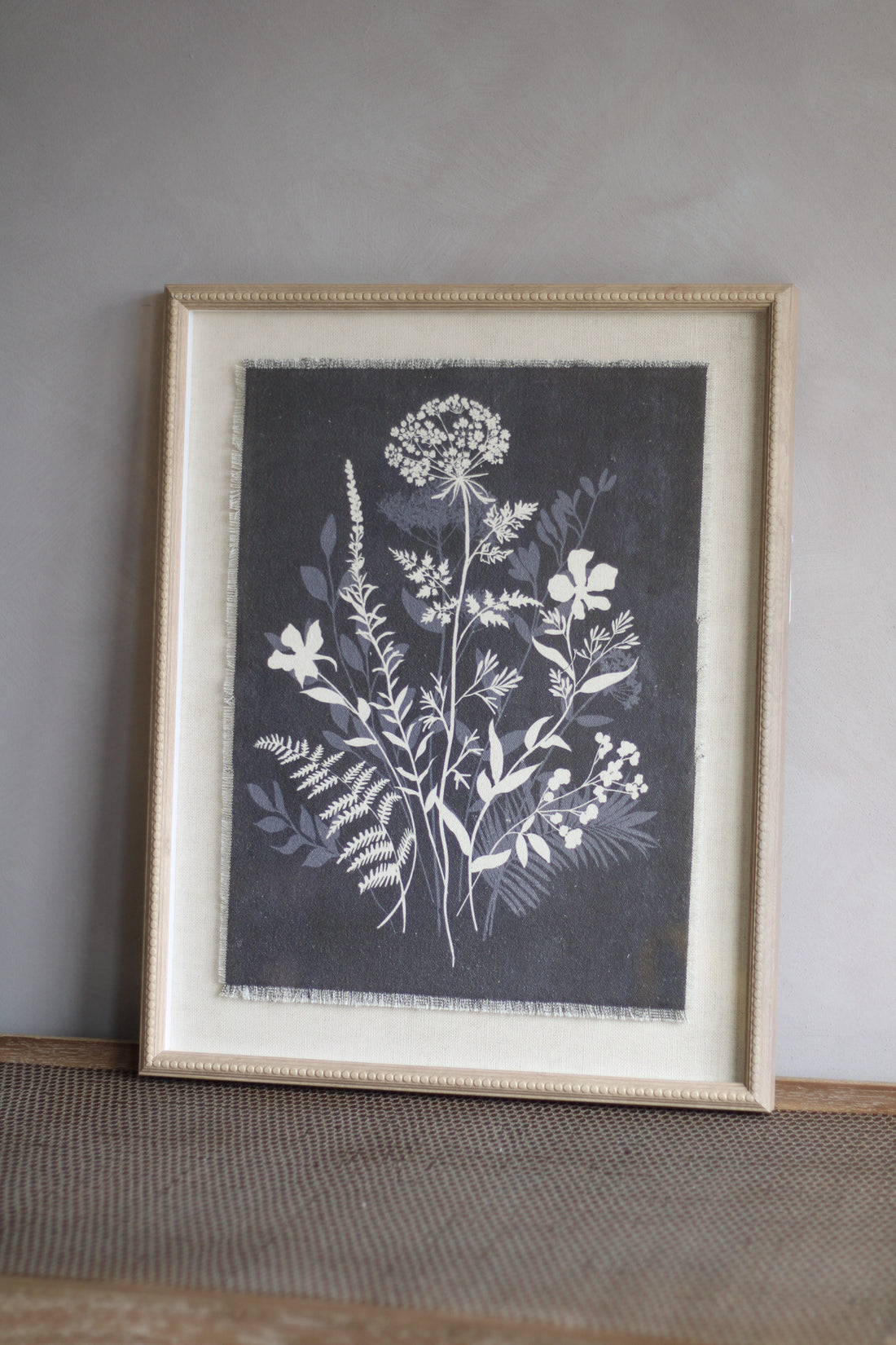 Framed botanical print on a gray wall