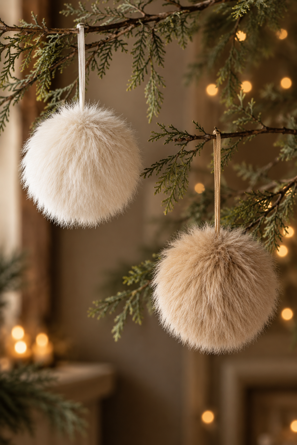 Pair of Cream &amp; Beige Fluffy Baubles