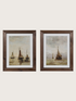 Two framed paintings of boats on a beige background