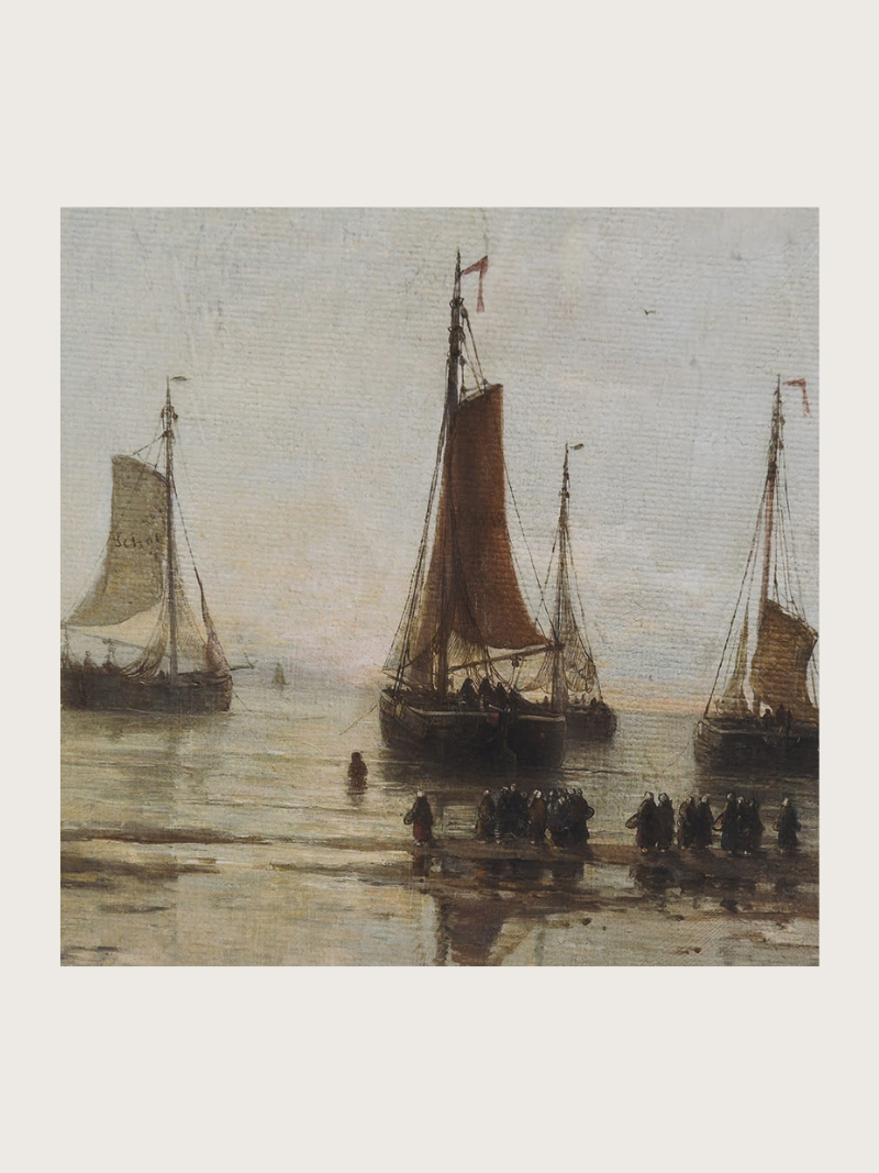 Painting of sailboats on a body of water with a light gray background