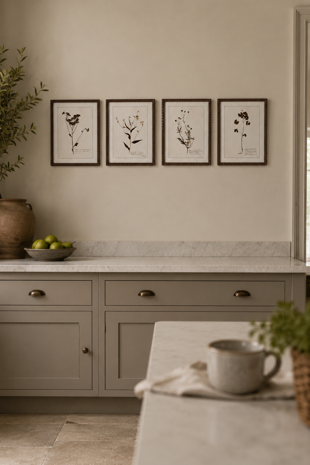set of 4 framed floral art work in modern country style kitchen setting