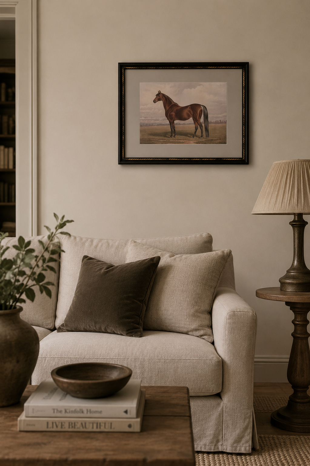 Framed Vintage Stallion Horse Wall Art in modern country style living room