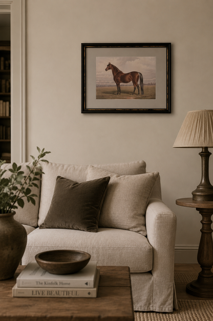 Framed Vintage Stallion Horse Wall Art in modern country style living room