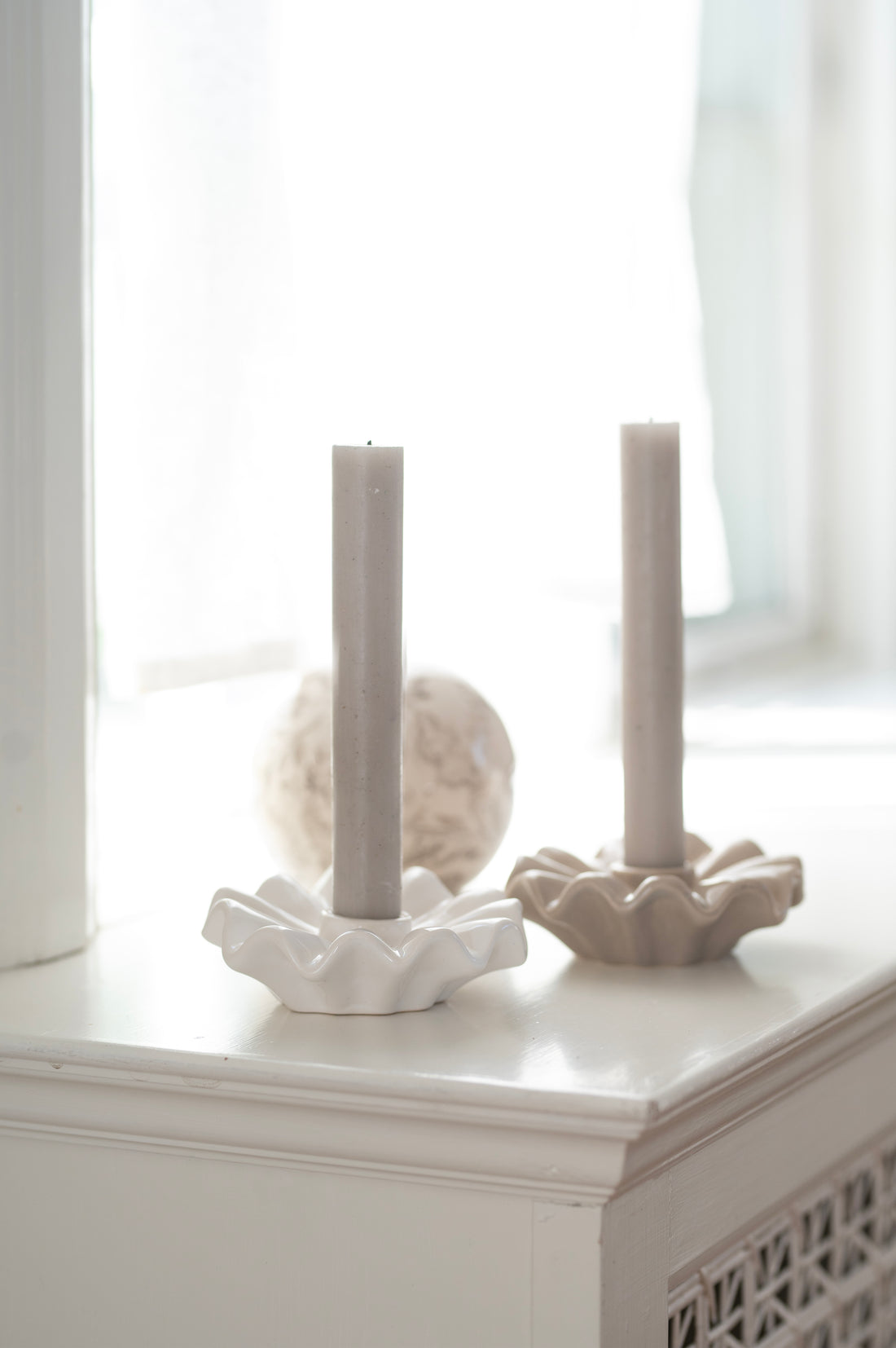 Frilly Beige Ceramic Dinner Candle Holder