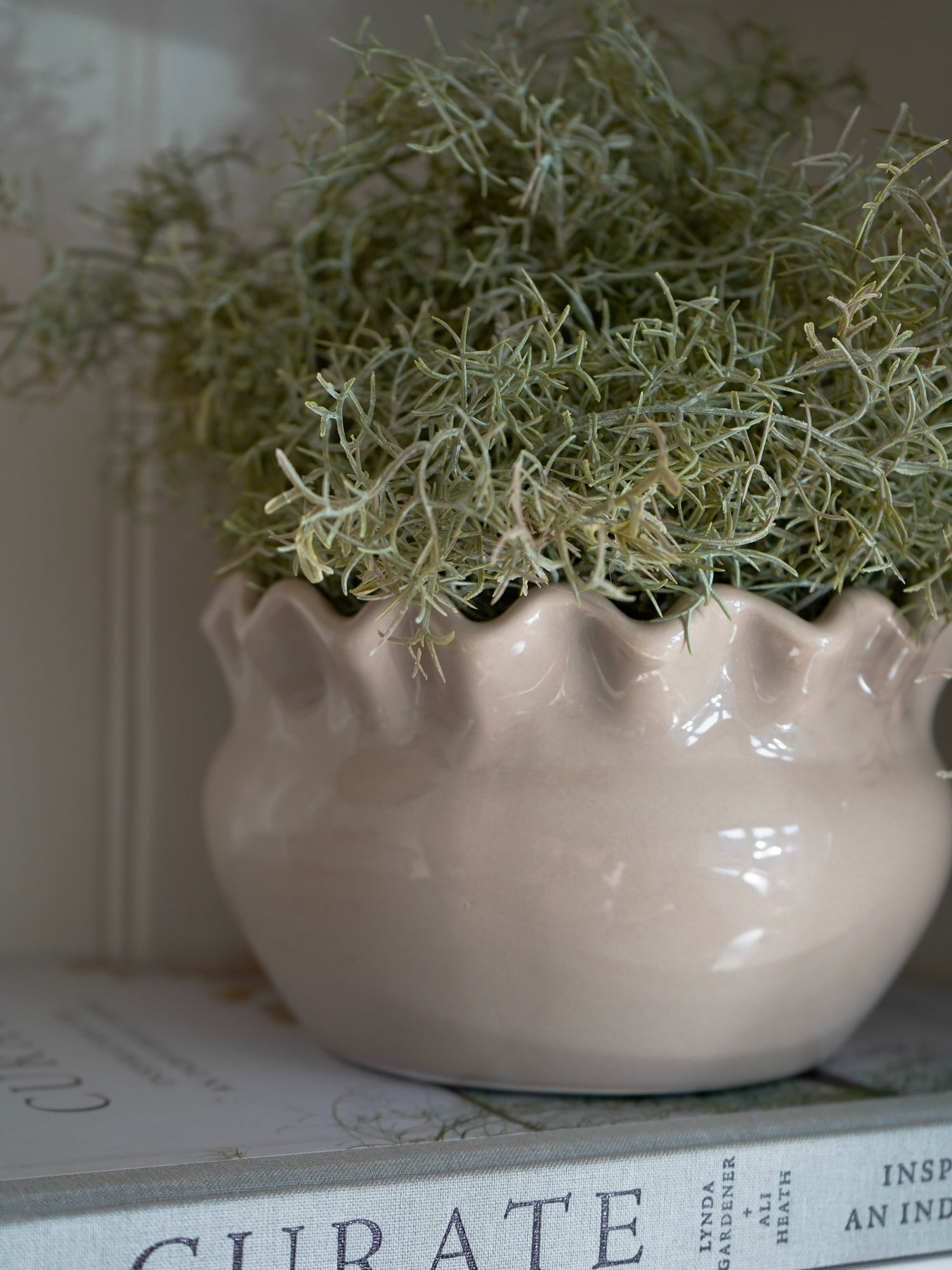 Beige ceramic frilly-shaped planter with greenery on a surface