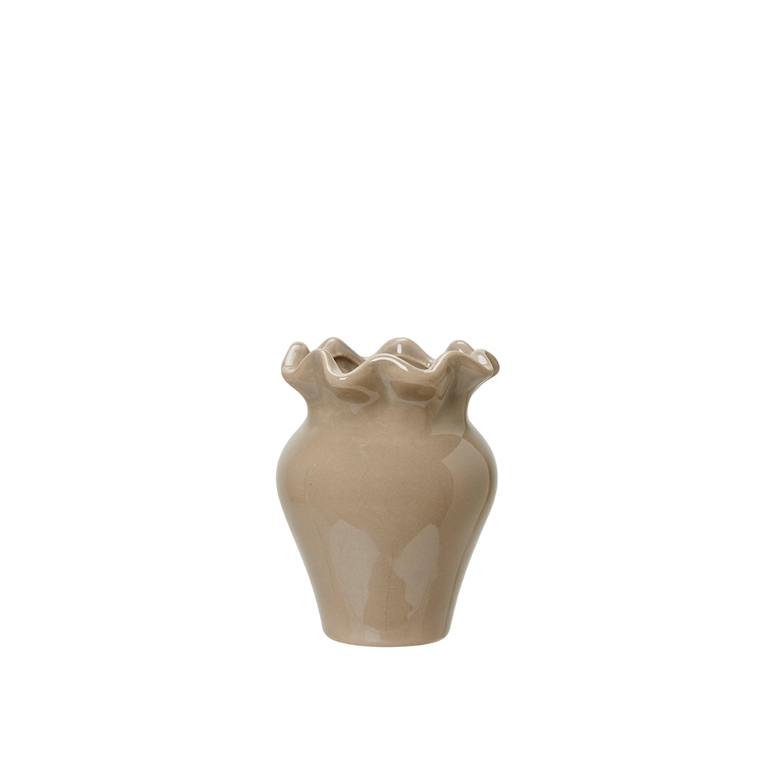 Beige ceramic vase with ruffled top on a white background