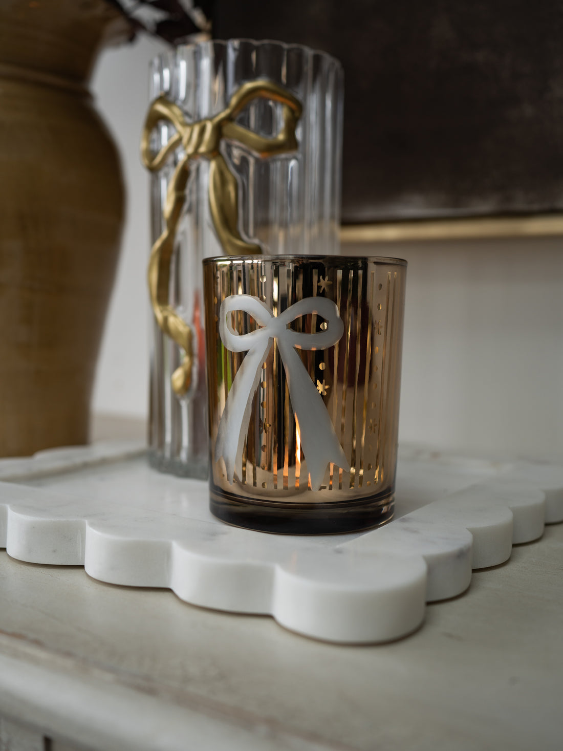 Glass Golden Bow Candle Holder