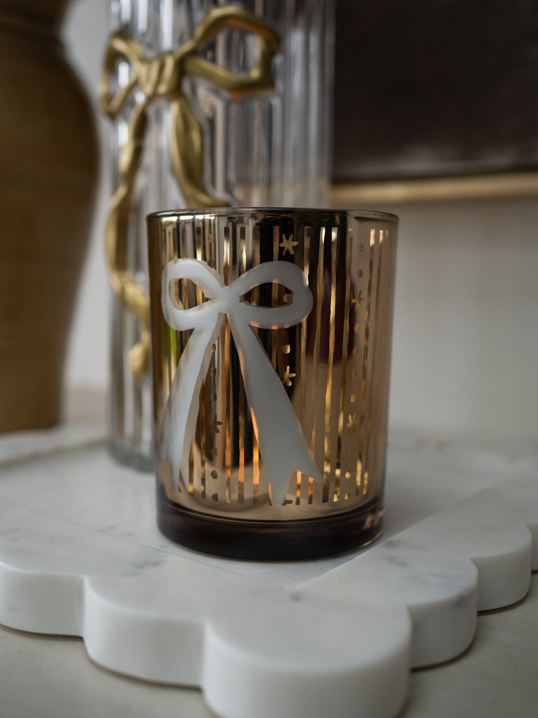 Glass Golden Bow Candle Holder