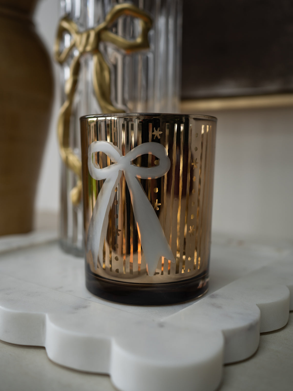 Glass Golden Bow Candle Holder