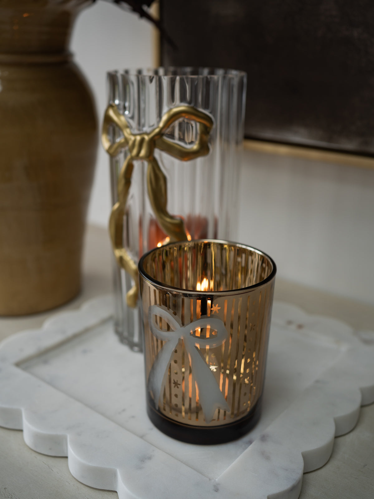 Glass Golden Bow Candle Holder