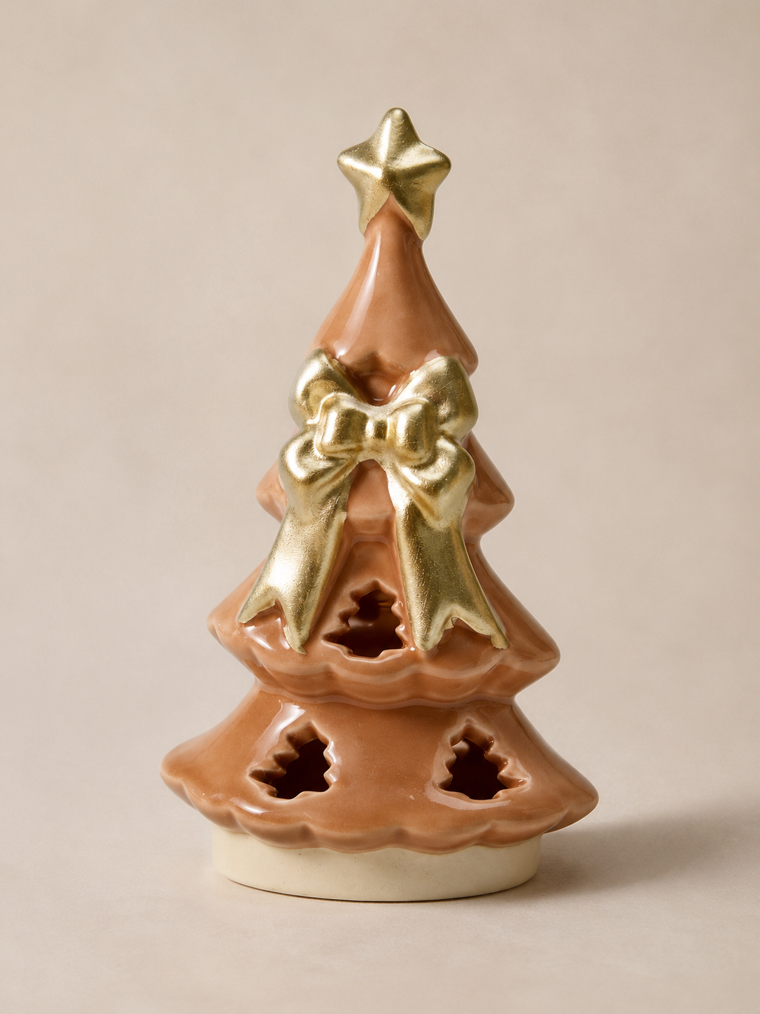 taupe ceramic christmas tree with gold bow