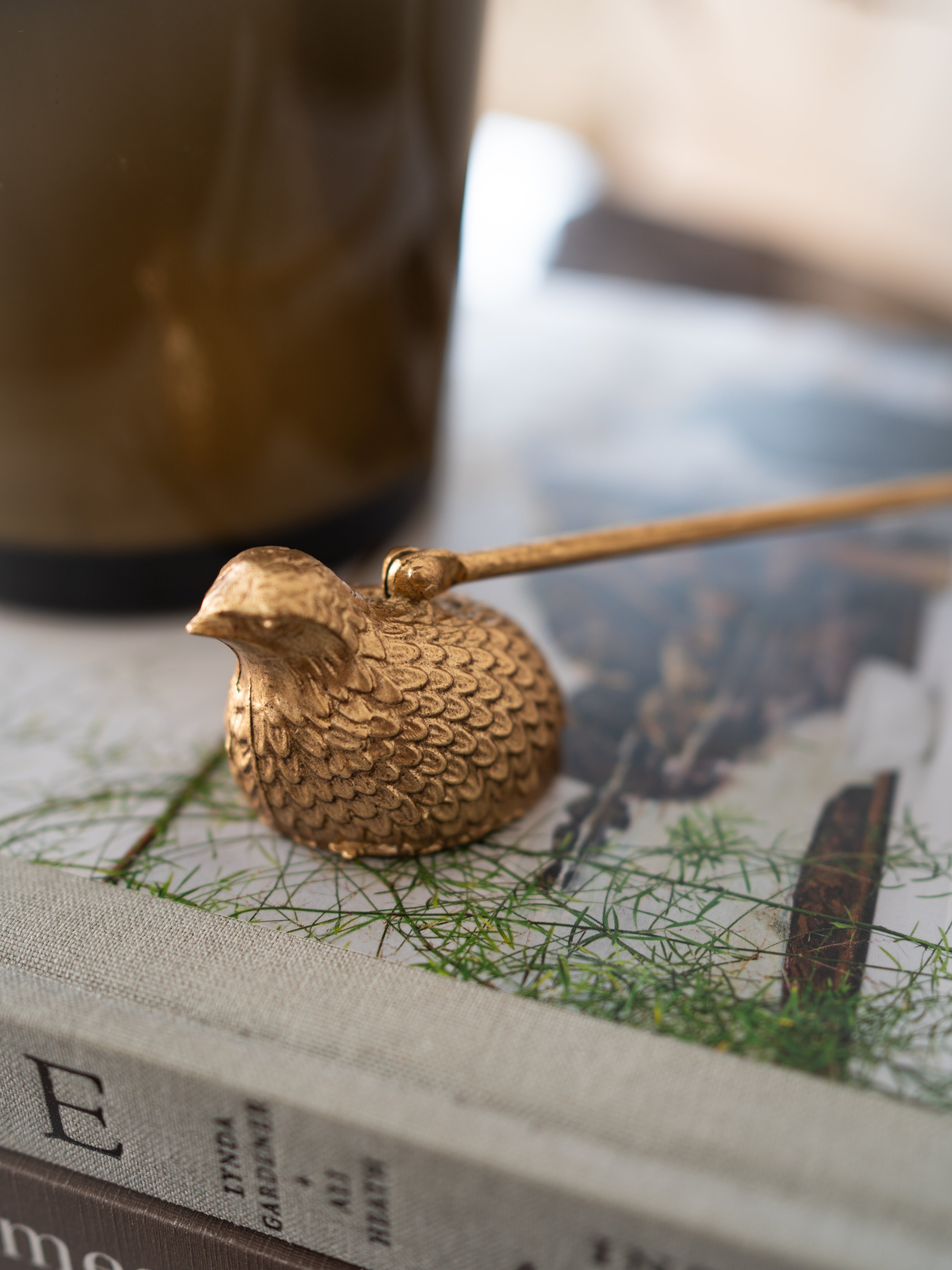 A small metallic bird-shaped candle snuffer with a long thin handle, shown resting on a printed book or magazine in a softly blurred indoor setting.