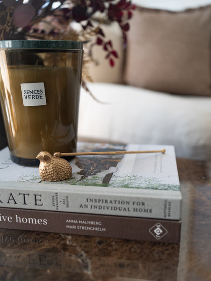 A Senses Verde wax candle in a dark amber glass jar sits on top of two stacked books, with a small gold bird candle snuffer resting beside it. The background shows a softly blurred living room setting with a sofa and cushions.