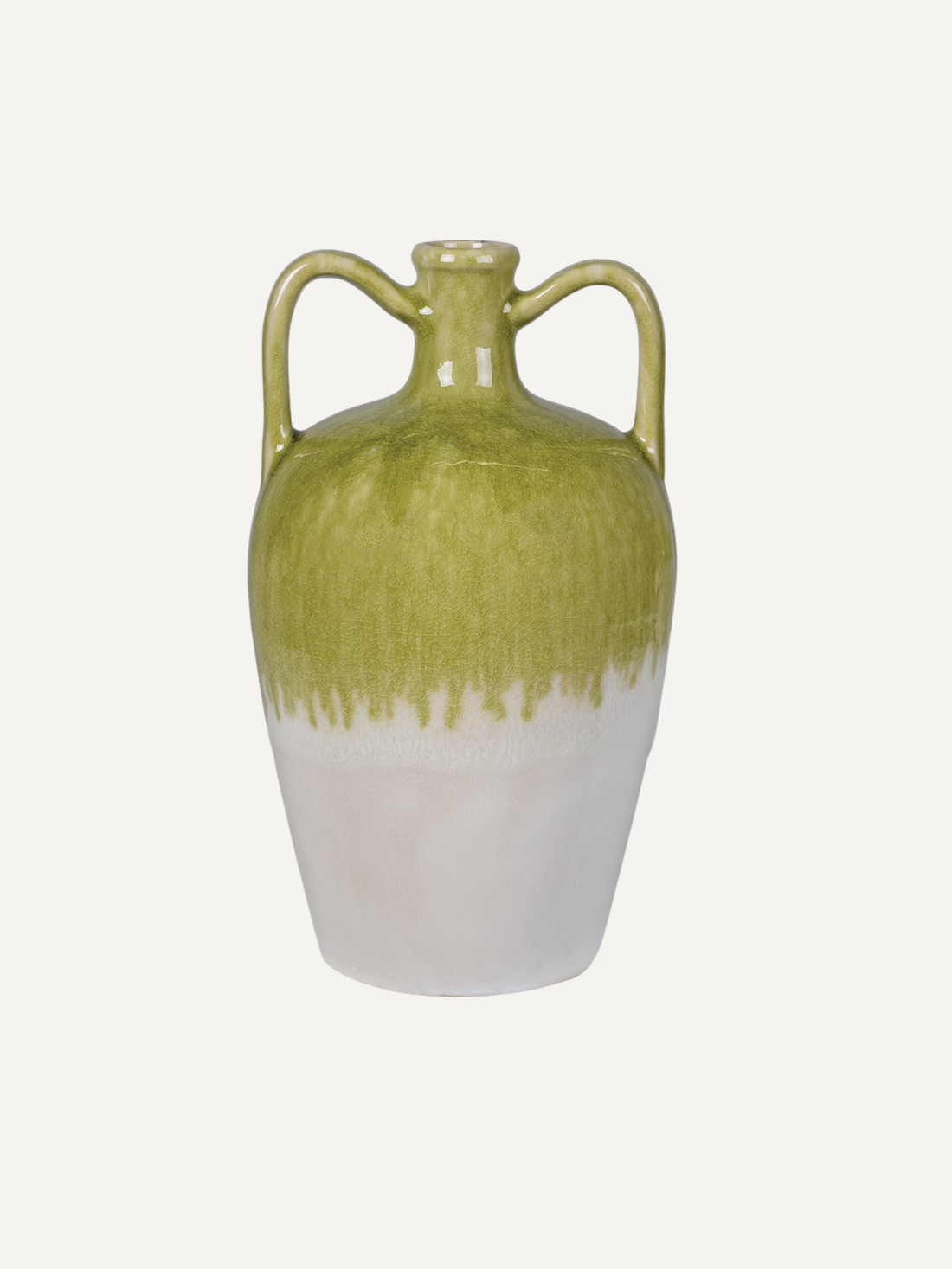 Ceramic vase with green drip top and white bottom and dual handles on a light gray background, a lovely piece for home decor and styling
