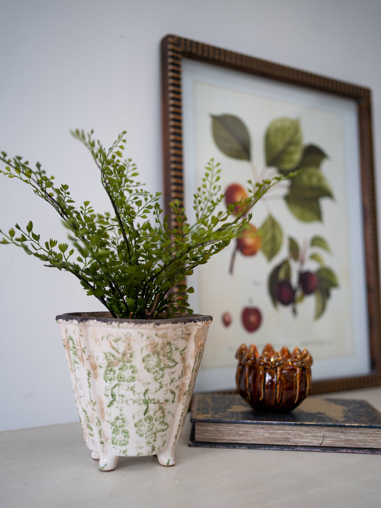 Green Floral Vintage Style Planter with faux fern plant 