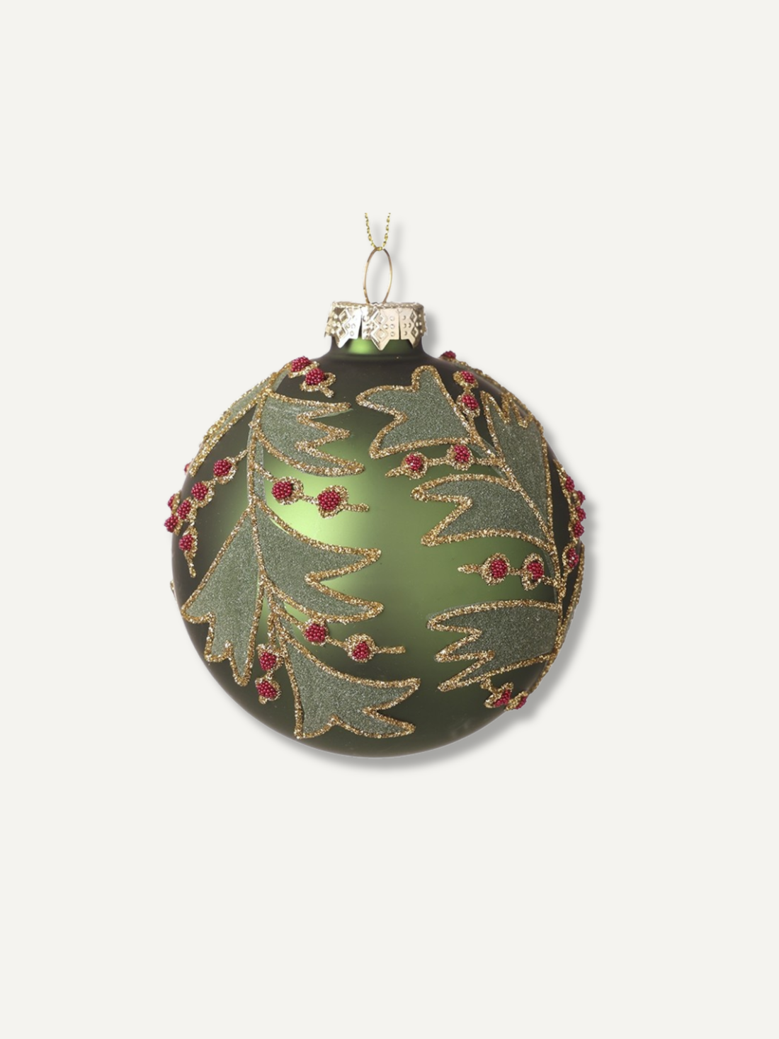 Green Glass Holly Leaves and Berries Christmas Tree Bauble