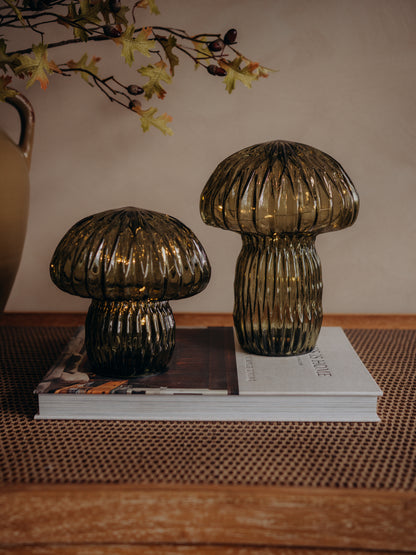 Two ribbed glass mushroom-shaped decorative tabletop lamps in a smoky amber-brown color, displayed on a stack of books on a woven mat.