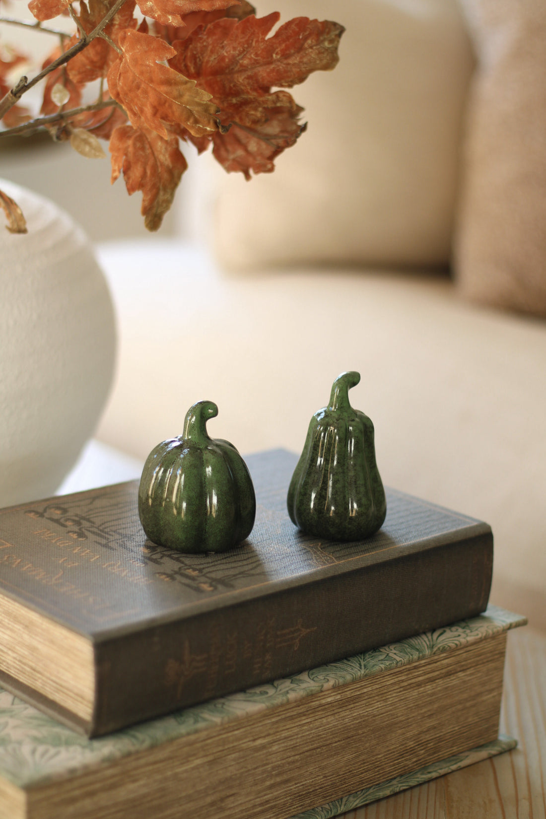 Two green decorative pumpkins on a book with autumn leaves in the background