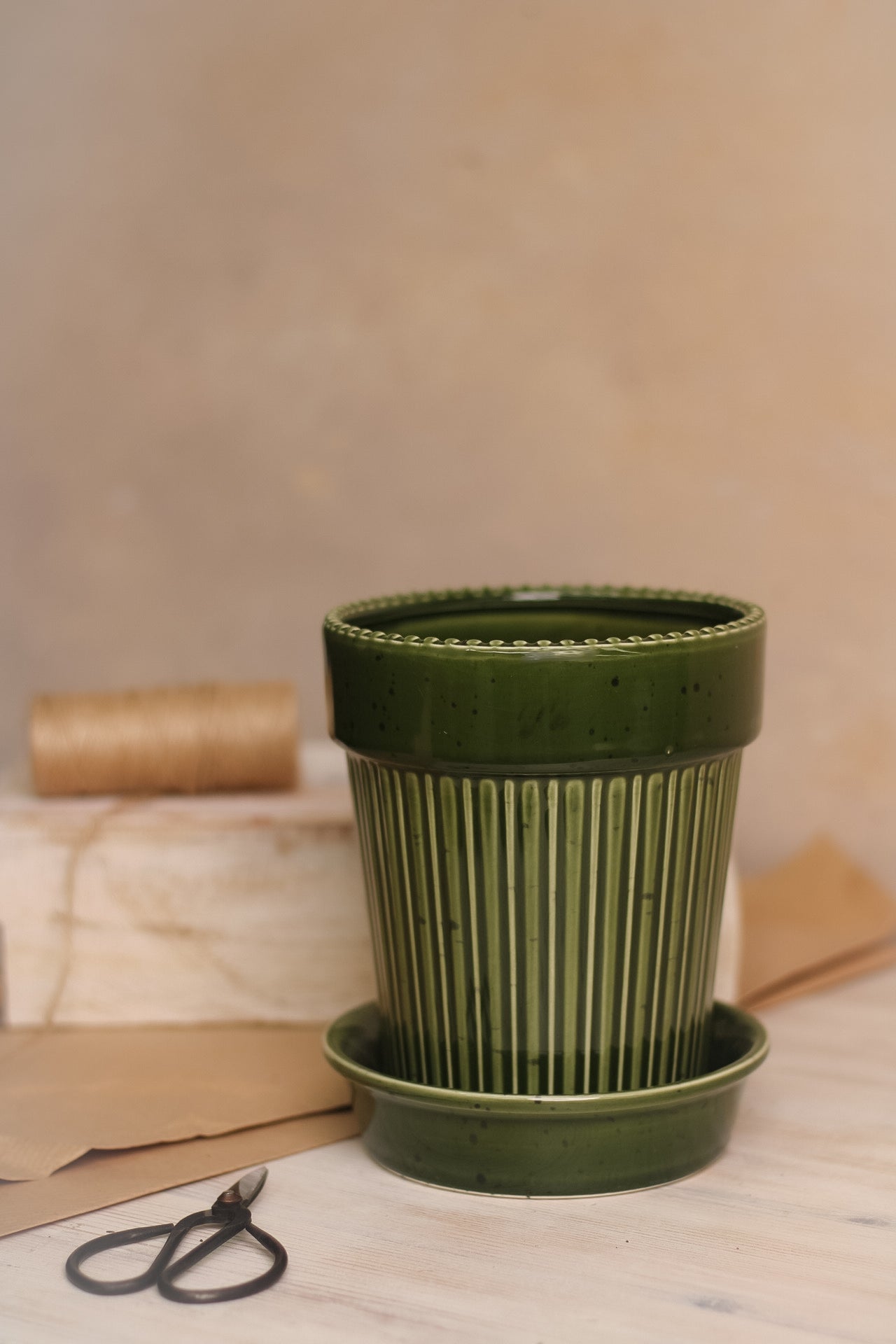 Green Striped ceramic Planter for faux plant