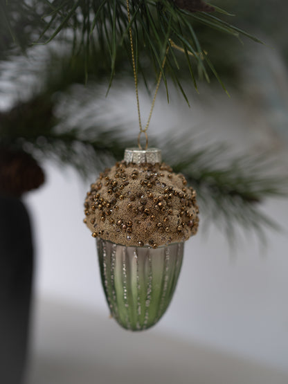 Green and Gold Beaded Acorn Christmas Bauble