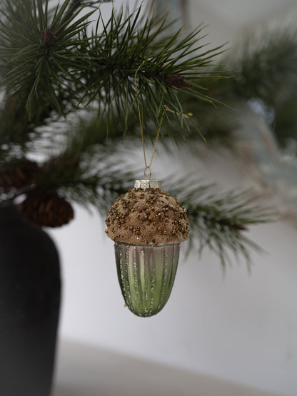 Green and Gold Beaded Acorn Christmas Bauble