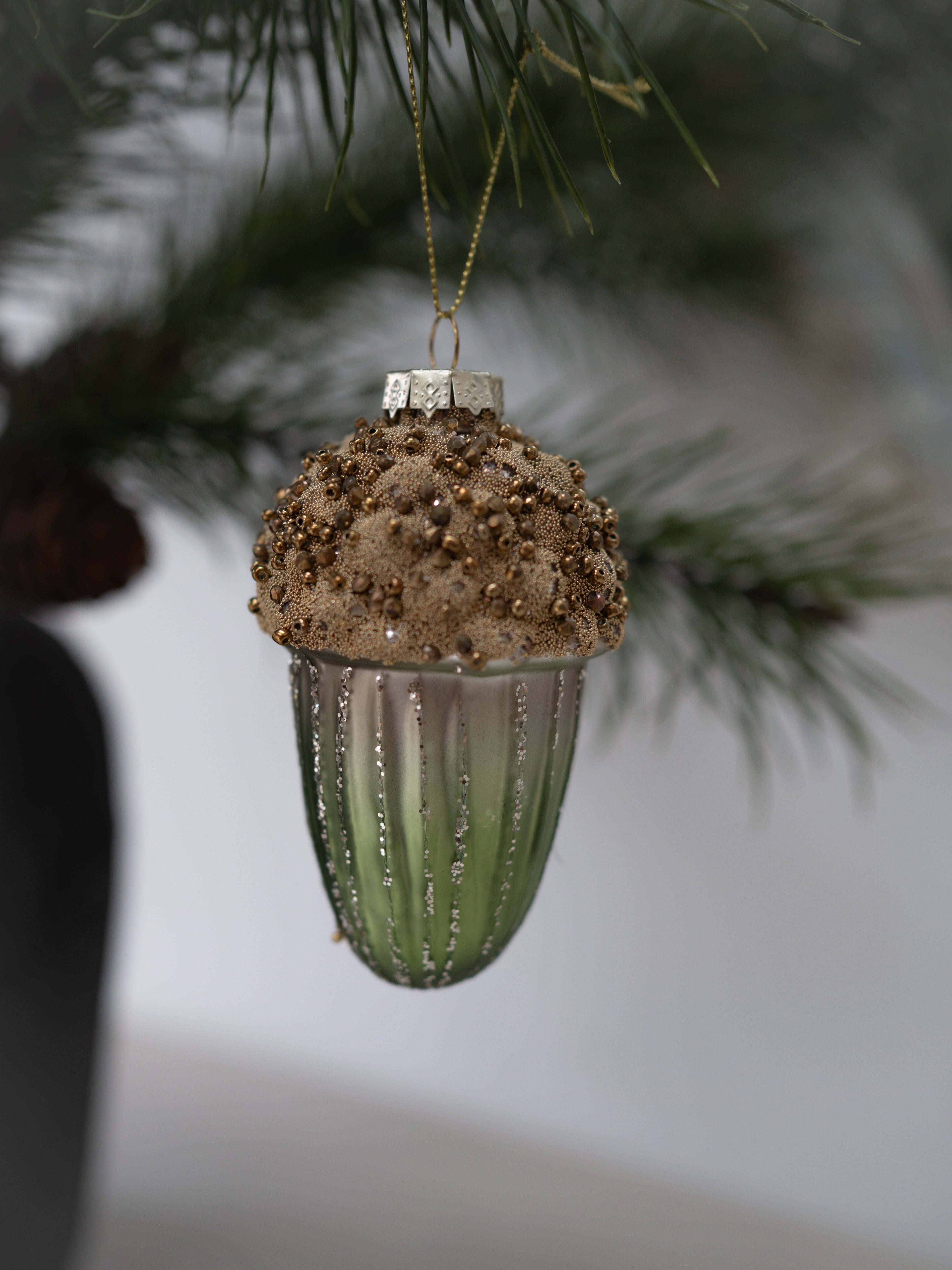 Green and Gold Beaded Acorn Christmas Bauble