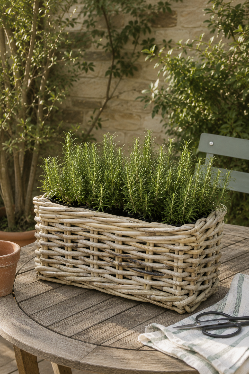 Grey buff rattan wicker planter with green rosemary plants on a wooden table outdoors
