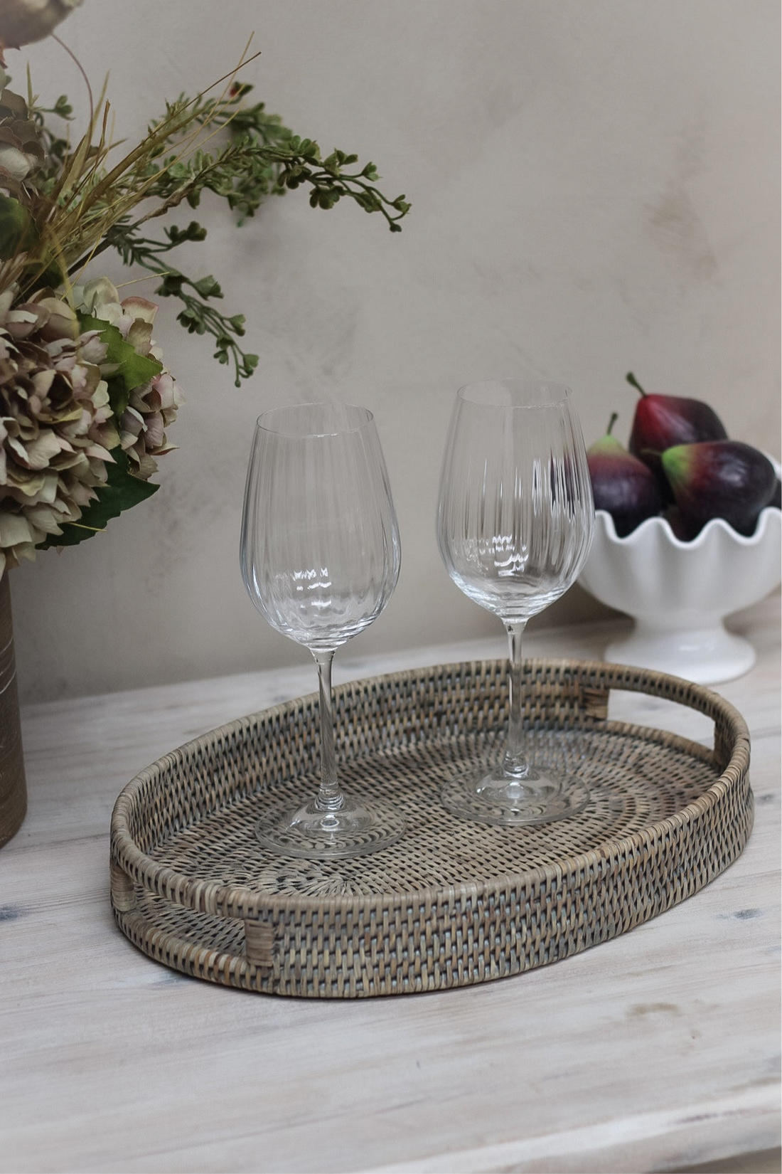 Grey Washed Natural Rattan Oval Drinks Tray