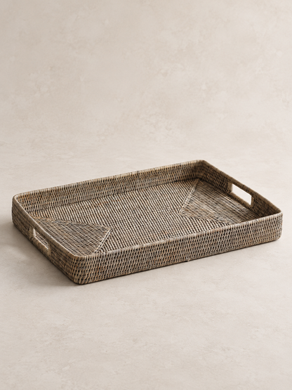 Grey Washed Rattan Ottoman Tray