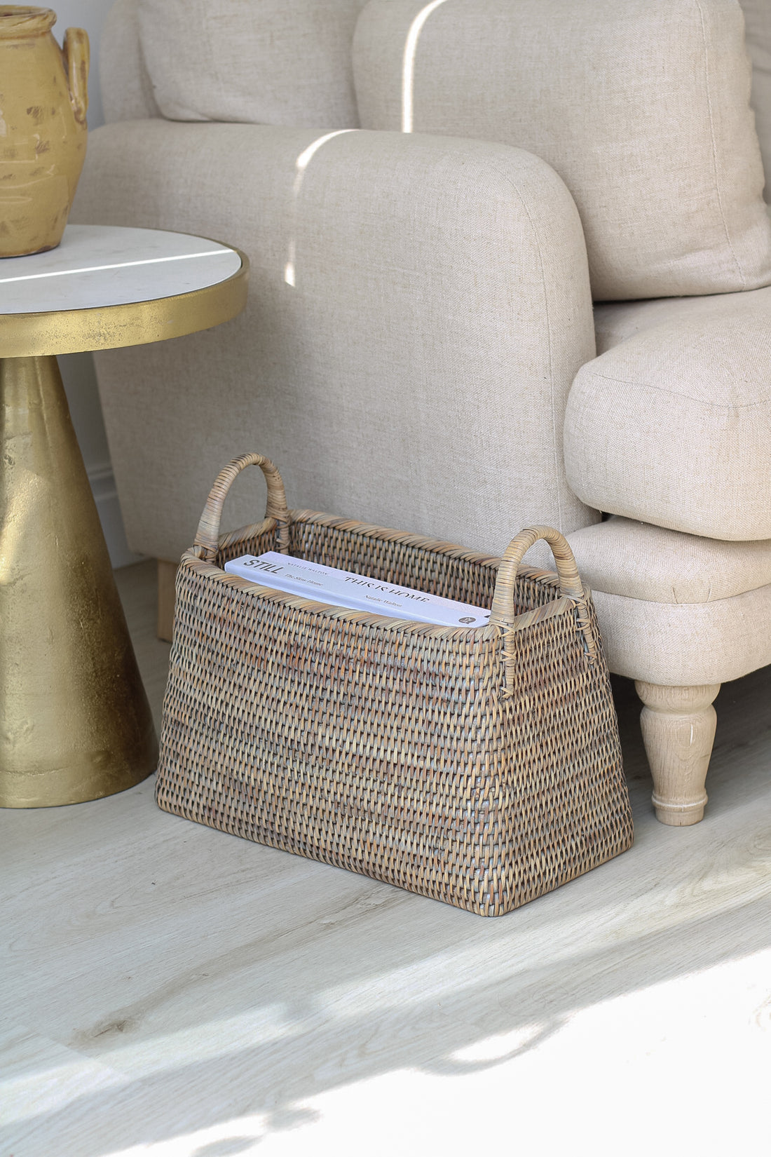 Grey Washed Rattan Storage Basket with Handles