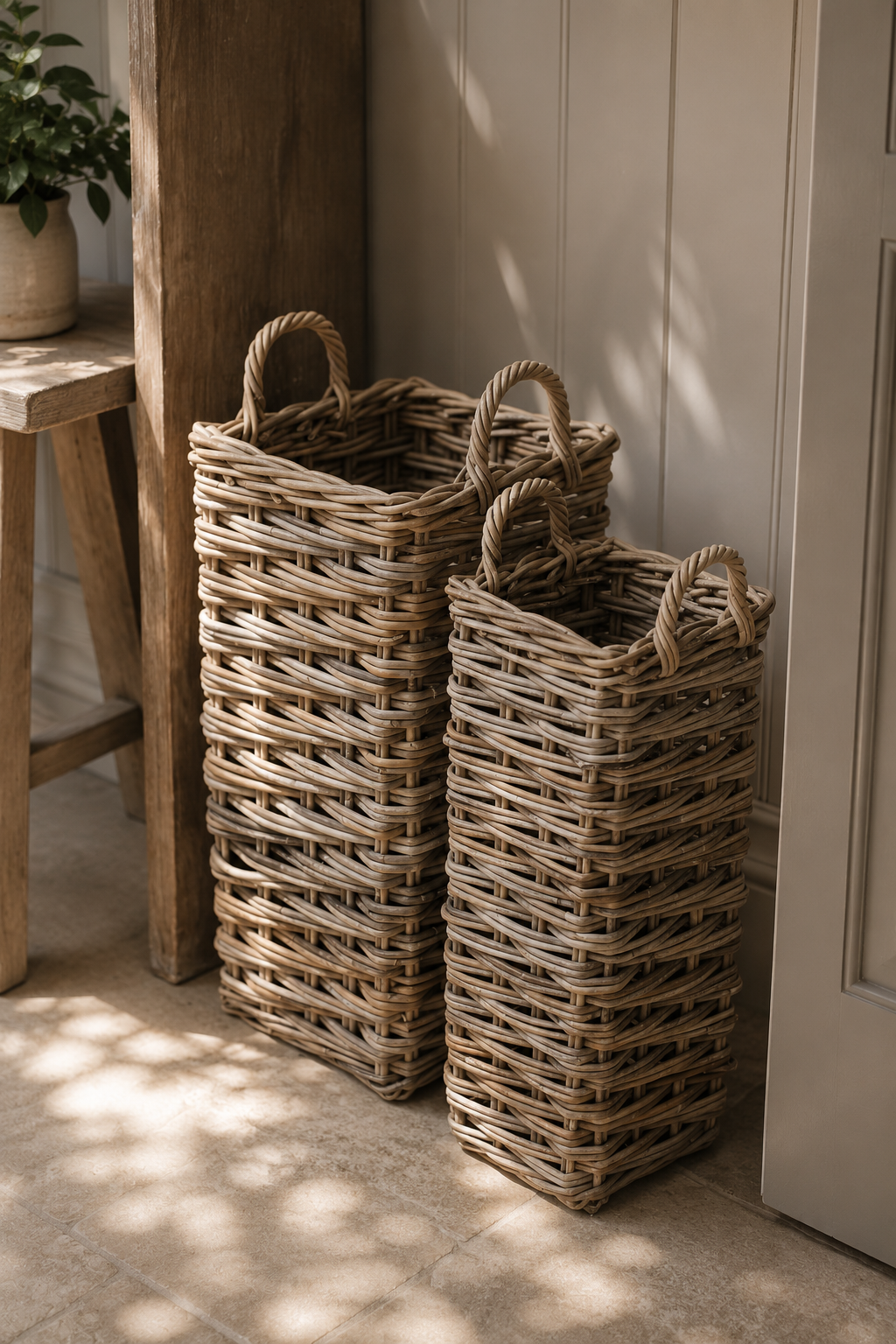 Two wicker umbrella baskets on a tiled floor with a wooden stool and plant in the background.