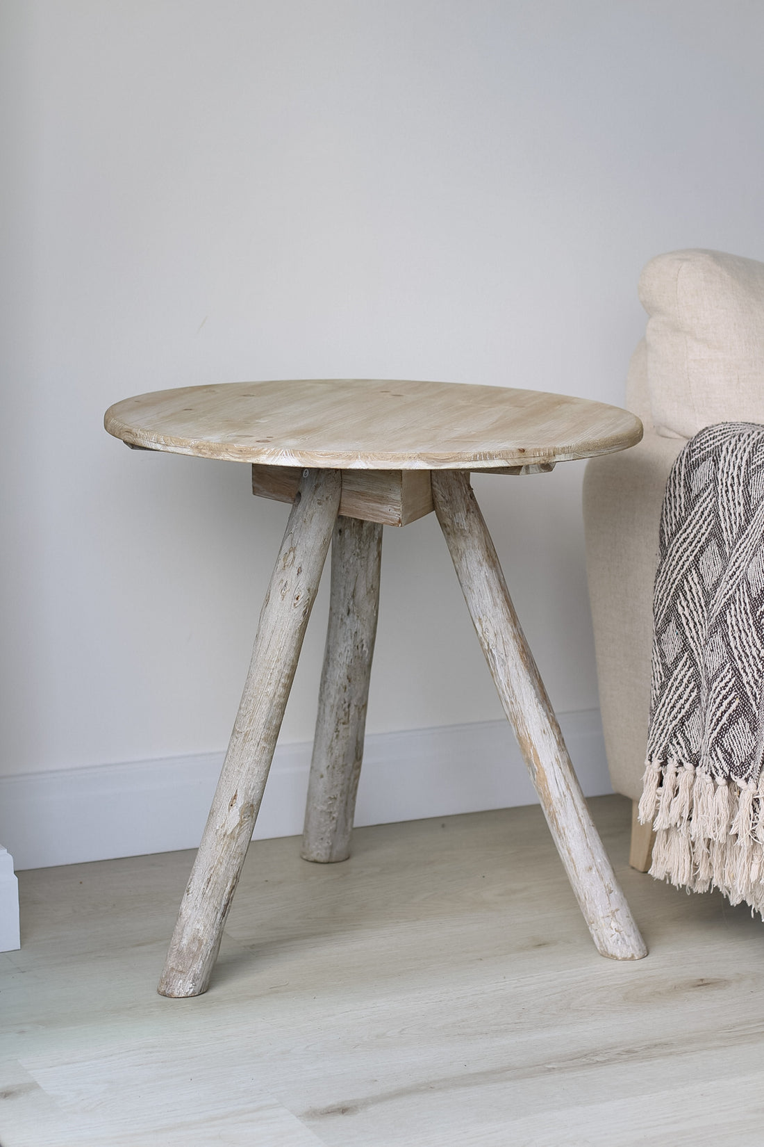 Grey Washed Round Wooden Tripod Side Table