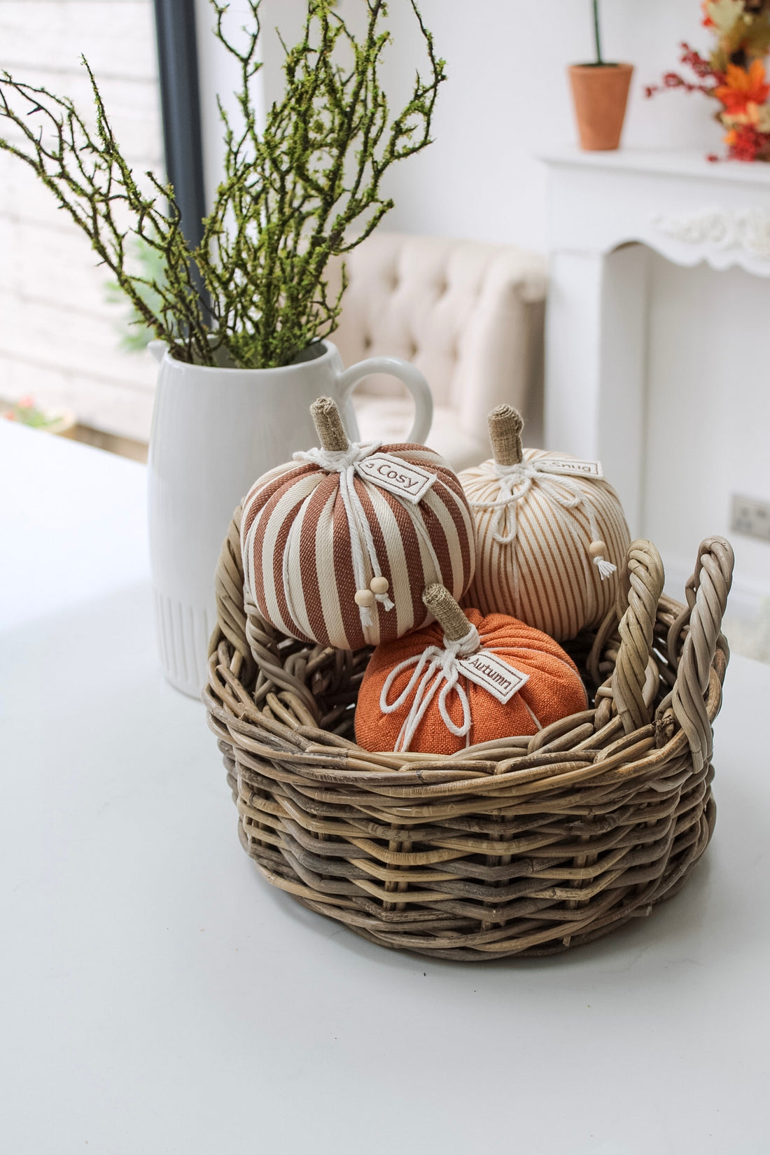 Grey Washed Small Rattan Basket with Handles