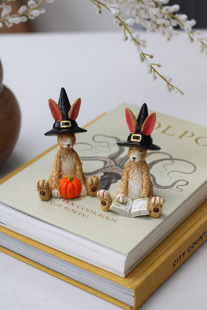 cute pair of halloween rabbit ornaments with spells book and pumpkin wearing matching wizard hats