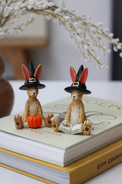 polyresin cute autumn rabbit decorations with wizards hats one is reading a book and one has a pumpkin