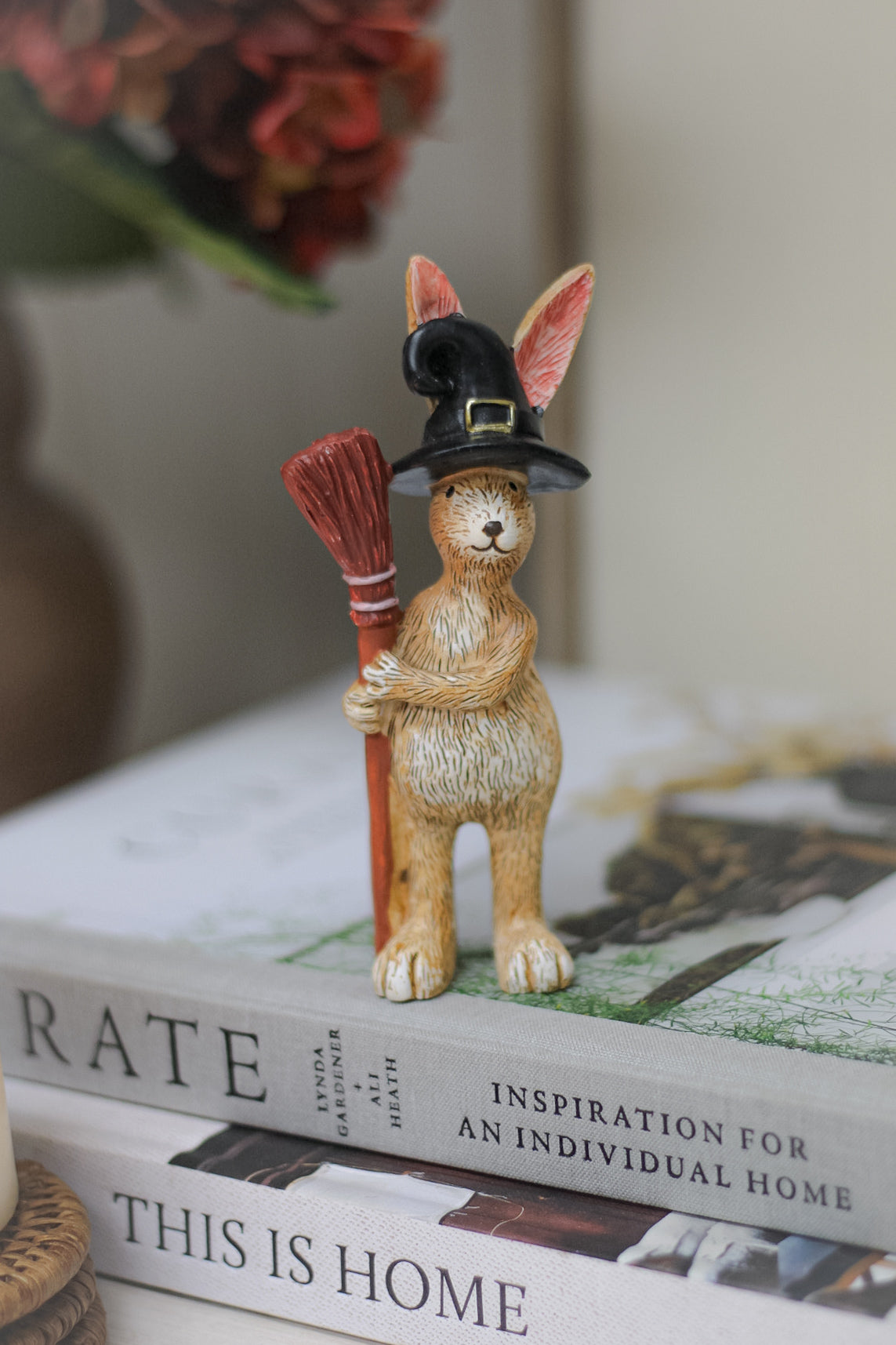 halloween rabbit ornament with witches hat and broomstick