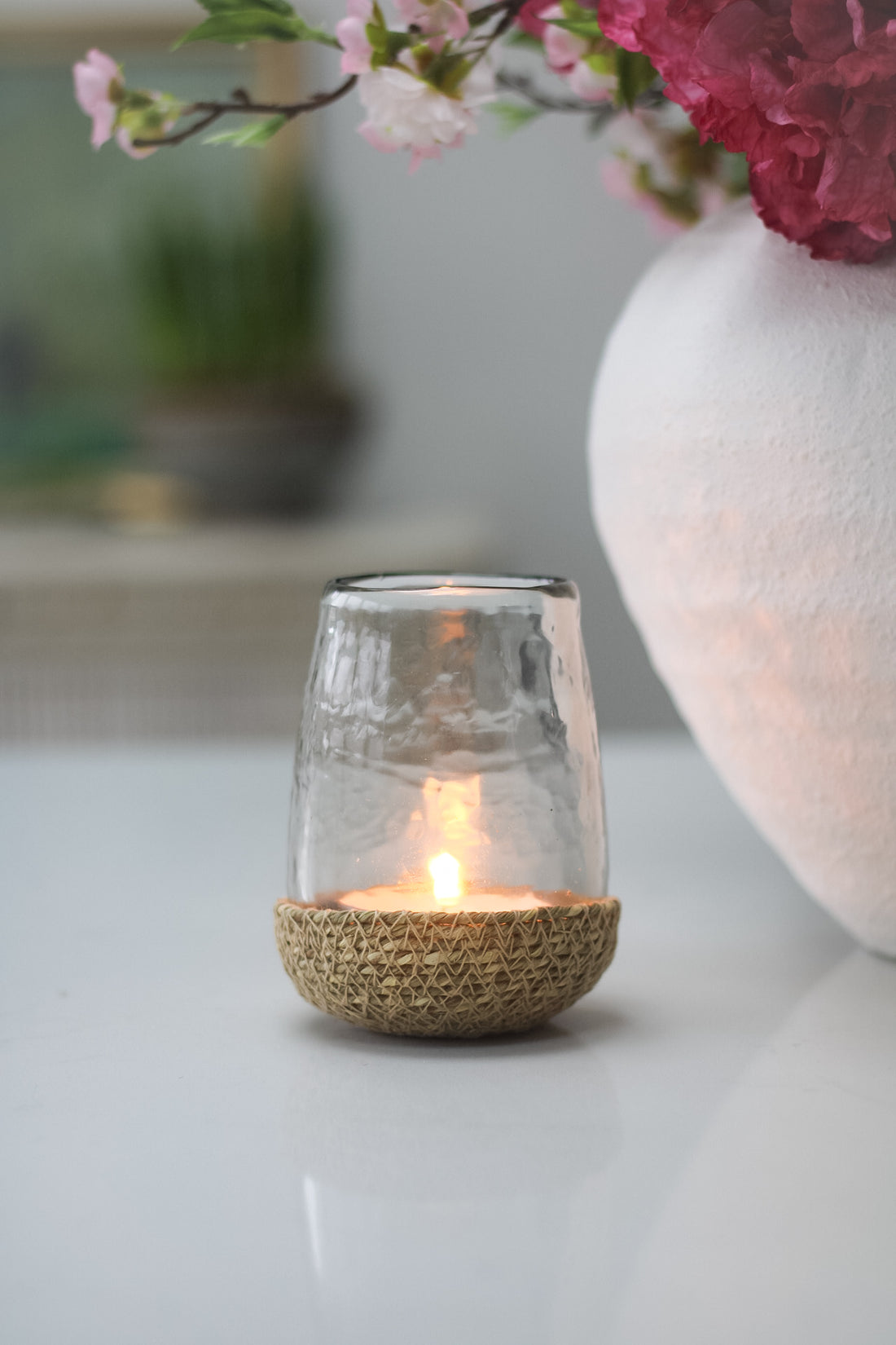 Hammered Glass Tea Light in Rustic Jute Basket